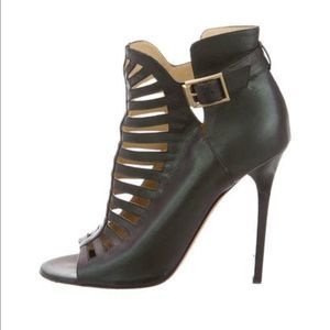 Metallic green leather Jimmy Choo peep-toe ankle